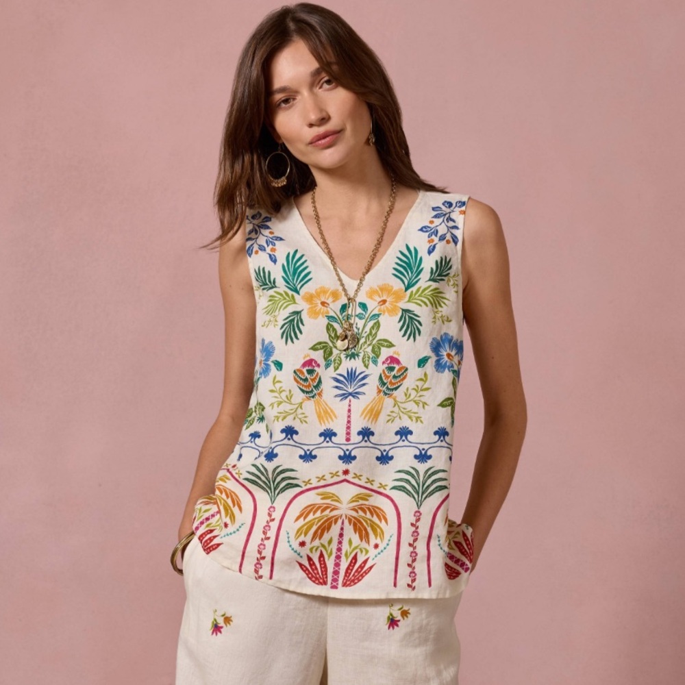 Johnny Was White Embroidered Floral Top